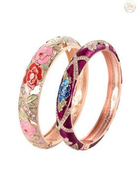 Vintage Cloisonne Enamel Rhinestone Hinged Cuff Bracelet Bangle